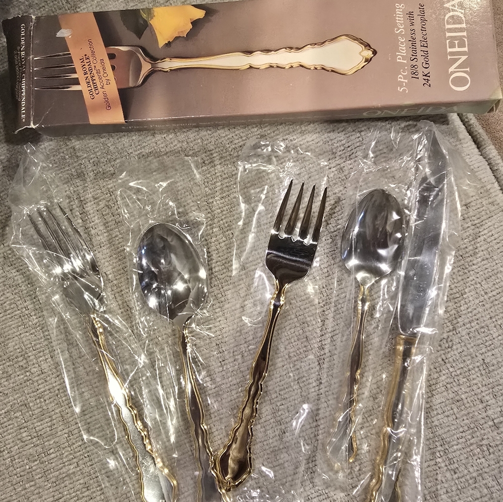 Two 5 pc place settings of Oneida Golden Royal Chippendale
